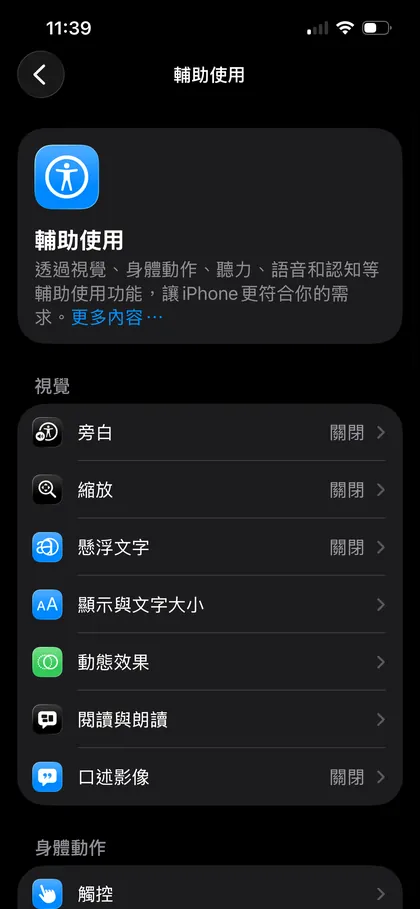 輔助使用頁面的「視覺」分組，第一列是「旁白」，下面還有懸浮文字、顯示與文字大小、閱讀與朗讀等。